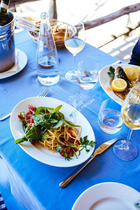 Take a boat to eat lunch on the water at Ristorante La Fontelina in Capri, Italy, The Taste SF Fontelina Capri, Capri Travel, Pasta With Tomatoes, Arugula Recipes, Italian Dinner Party, Italian Pasta Recipes, Italian Recipes Easy, Italian Recipe, Italy Food