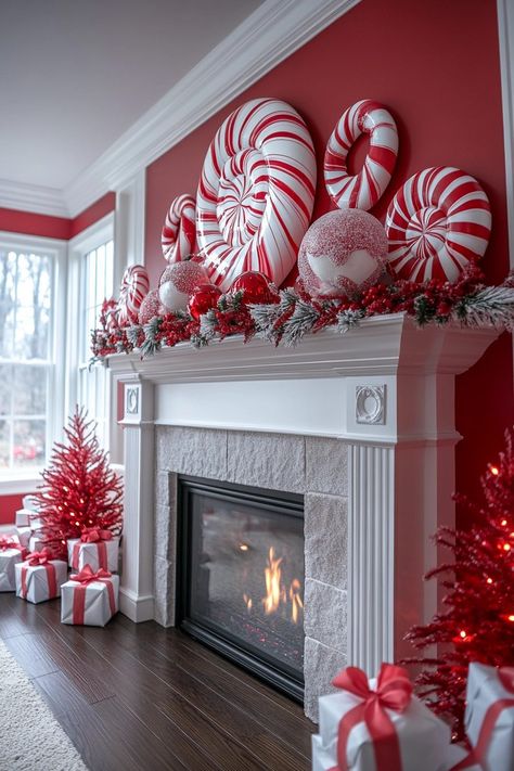 29 Fireplace Christmas Decorations To Make Your Holiday Shine - Courtneys World Red And White Theme Christmas Decor, Candy Cane Lane Christmas Decor Diy Ideas, Candycane Land Decorations, Candy Cane Christmas Tree Ideas, Chimney Christmas Decor Fireplaces, Candy Cane Theme Decorations, Candy Cane Lane Christmas Decor, Candy Cane Lane Theme, Candy Cane Christmas Theme