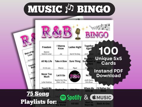 Music Bingo: R&B Soul Songs Bingo. 100 card set. Hits from across the decades. Instant Download with playlists for Spotify and Apple Music. Music Bingo, Bingo Sets, 90s Songs, Soul Songs, R&b Soul, Music Hits, Game Prices, Song Play, Game Nights