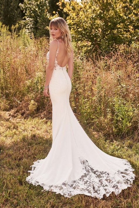 The sexy illusion bodice features a modern scoop neckline, beaded spaghetti straps, and a seductively low scoop back. This dress checks a lot of 2022 trend boxes. Lillian West Wedding Dress, Country Bride, Lillian West, Boda Mexicana, Flare Gown, Wedding Studio, Dream Wedding Ideas Dresses, Dress Inspo, Wedding Gowns Lace