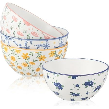 Colorful Ceramic Cereal Bowls Set with Floral Patterns - Versatile 6 Soup Bowls for Breakfast, Soup, Salad, and More - High-Quality Porcelain Ra Color: Multicolor. Bowl Pottery Design, Ceramic Pottery Bowl, Underglaze Mugs, Dish Painting, Cute Bowls, Bowl Aesthetic, Oatmeal Bowl, Bowl Pattern, Pho Bowl