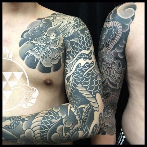 Irezumi Dragon Sleeve, Japanese Dragon Full Sleeve Tattoo, Black And Grey Japanese Dragon Tattoo, Black And Grey Japanese Sleeve, Japanese Dragon Sleeve Tattoos, Japanese Sleeve Tattoos Black And Grey, Japanese Tattoo Art Traditional Black, Japanese Dragon Sleeve Tattoo, Japanese Tattoo Black And Grey