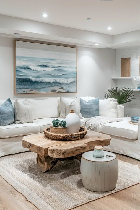 29 Basement Living Room Ideas to Transform Your Space 3 Beach Themed Basement, Mountain Coastal Decor, Coastal Basement Ideas, Coastal Theme Living Room, Beach Theme Living Room Coastal Style, Coastal Accent Wall, Beach Theme House, Coastal Boho Living Room, Beach Themed Living Room