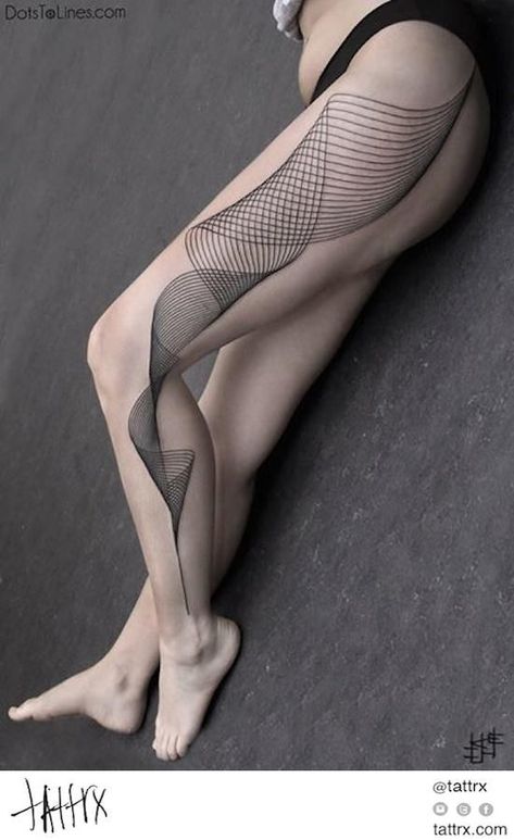 Chaim Machlev (Dotstolines) - Full Leg Spiral Tato 3d, Dots To Lines, Geometric Line Tattoo, Optical Illusion Tattoo, Thigh Tattoo Designs, 3d Tattoos, Thigh Tattoos Women, 3d Tattoo, Abstract Tattoo