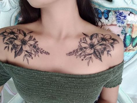 Neck Collar Tattoos For Women, Orchid Tattoo Chest, Flower Chest Tattoos For Women, Placement For Tattoos For Women, Collar Bone Tattoo Flower, Collar Bone Flower Tattoo, Collar Tattoos For Women, Flower Collar Bone Tattoo, Front Shoulder Tattoos For Women