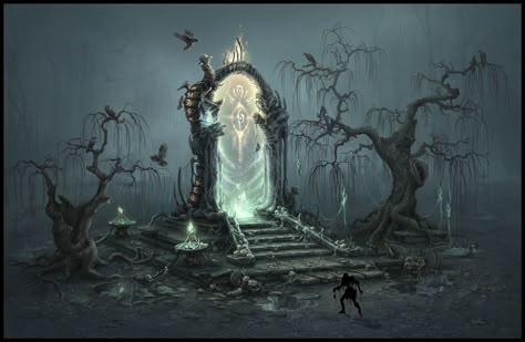 Undead portal., su jeong Ahn on ArtStation at https://www.artstation.com/artwork/YaLL56 Fantasy Portal Art, Fantasy Portal, Dnd Places, Magic Portal, Portal Art, Fantasy Locations, Fantasy Settings, Fantasy Background, Rpg Map