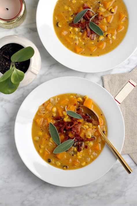 Bacon Crisps, Chicken And Butternut Squash, Chipotle Peppers, Corn Chowder Recipe, Fresh Sage, Chowder Recipe, Two Of A Kind, Corn Soup, Lentil Curry