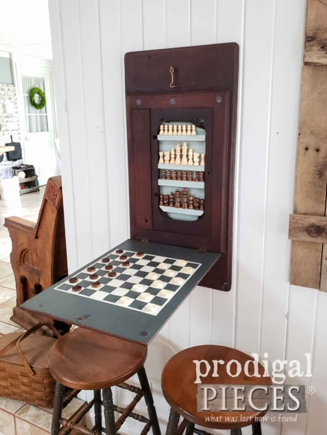 Antique Sewing Machine Table, Divider Room, Farmhouse Living Rooms, Board Game Room, Garage Game Rooms, Sewing Machine Table, Wall Game, Game Room Basement, Chess Table