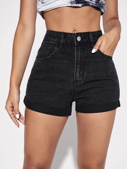 WishList | SHEIN Women Denim Shorts, Everyday Casual Outfits, Black Jean Shorts, Short Jeans, Clothing Hacks, Rolled Hem, Denim Shorts Women, Summer Fashion Outfits, Cute Shorts