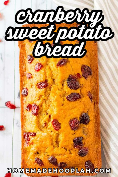 Cranberry Sweet Potato Bread! With comforting flavors and ultra soft texture, this tasty sweet potato bread is laced with dried cranberries, drizzled with frosting, and perfect for fall. | HomemadeHooplah.com Freeze Sweet Potatoes, Canning Sweet Potatoes, Sweet Potato Bread, Sweet Potato And Apple, Cranberry Bread, Fall Foods, Potato Bread, Blogger Photos, Cranberry Recipes