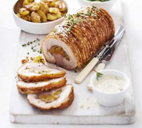 Roast Belly Pork Recipe, Fancy Pork Belly Recipes, Pork Belly Plated, Rosemary Stuffing, Apricot Stuffing, Pork Belly Porchetta Recipe, Fruit Stuffing, Stuffed Foods, Roast Pork Belly Crispy