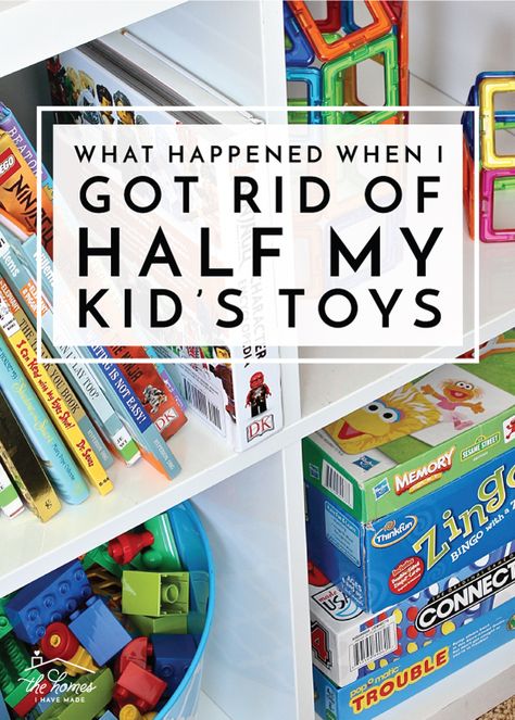 Tired of the toy chaos and constant cries of "I'm bored," I decided to get rid of half my kids toys. Find out what happened next! How Many Toys Do Kids Need, Toy Decluttering Tips, Toy Organization Ideas For Bedroom, Toy Categories Organization, Little People Storage Ideas Fisher Price, Declutter Toys Organizing Ideas, Minimalist Toy Storage, Toy Organization For Small Spaces, Declutter Playroom