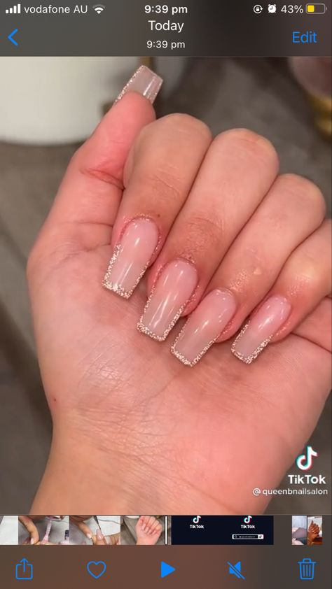 Simple Prom Nails Square, Glitter French Nails Coffin, Glitter French Nails Square, Square Sparkle Nails, Prom Nails Acrylic Square, Glitter Nails For Prom, Nude Acrylic Nails With Glitter, Glitter Outline Nails, Square Glitter Nails