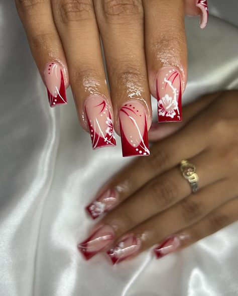 Jackie🥰 | Hibiscus 🌺 - - - - - - - - - - - - - - - - - - - - - #hibiscus #hibiscus🌺 #hibiscusflowers🌺 #hibiscusflower #hibiscusnailart… | Instagram Red And White Hibiscus Nails, How To Paint A Hibiscus Flower On Nails, Hibiscus Flower Nail Designs, How To Do Hibiscus Flower Nails, Red Hawaiian Nails, Hot Pink Hibiscus Nails, Red Hibiscus Flower Nails, Cheetah Hibiscus Nails, Red And Pink French Tip