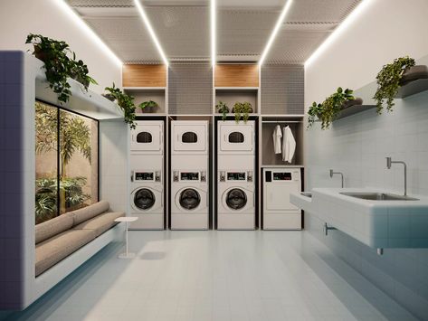 Salon Laundry Room, Laundry Shop Design, Laundry Shop Interior Design, Laundry Shop Design Ideas, Laundry Store Design Ideas, Laundromat Design, Modern Laundromat, Organize Laundry, Wallpaper Laundry Room