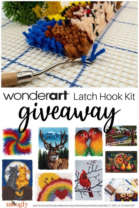 Crafts move in cycles - and it's time for Latch Hook to make a comeback! Take another look at this classic yarn art craft with WonderArt Latch Hook Kits - from the simple to sublime! Then, enter to win your favorite kit on Moogly! The WonderArt Latch Hook Kit Giveaway is open to US and Canada addresses only (void where prohibited). The giveaway ends May 17, 2021, at 12:15am Central US time. #yarnspirations #mooglyblog #giveaway #latchhook #crafts #yarncrafts via @moogly Giveaway Time, Latch Hook, Knitting Kits, Masking Tape, Yarn Art, Yarn Needle, Yarn Crafts, Keep It Cleaner, Embroidery Patterns