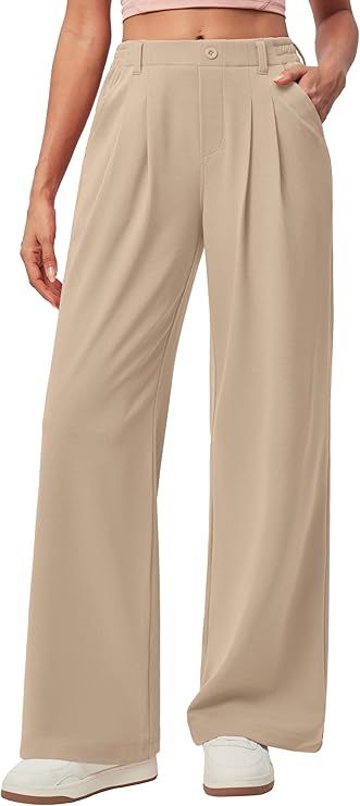 IUGA Wide Leg Stretchy Work Pants Pull on Business Casual Pants for Women High Waisted Slacks, 26''/28'' Dress Pants Light Khaki at Amazon Women’s Clothing store Amazon Dress Pants, Skirts Tennis, High Waisted Slacks, Tennis Dresses, Business Casual Pants, Casual Pants For Women, Amazon Dresses, Dress Slacks, Pleated Skirts