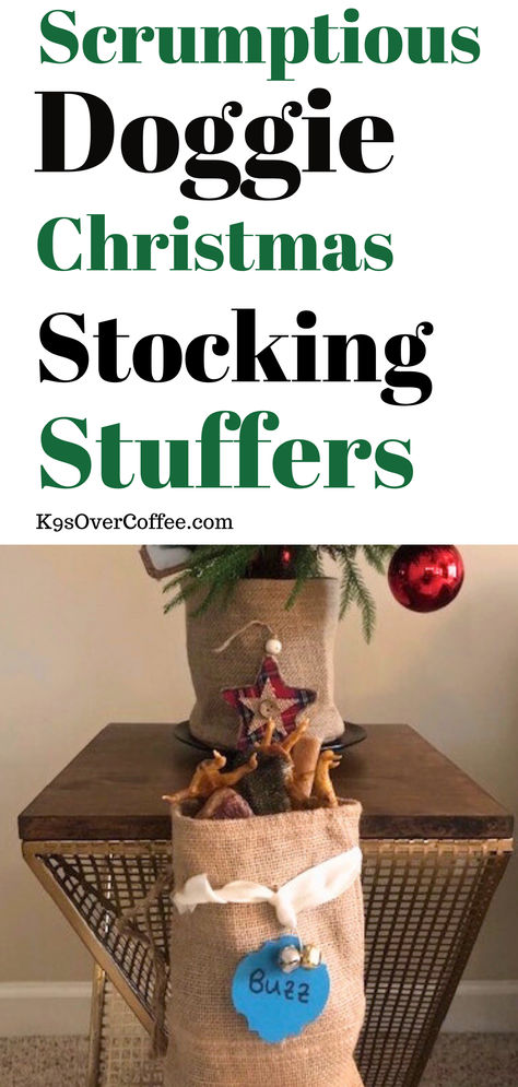 A burlap dog Christmas stocking filled with Christmas stocking stuffers for dogs sits in front of a small Christmas tree on a wood and gold metal coffee table. Training Treats For Dogs, Dog Stocking Stuffers, Christmas Dog Treats, Raw Dog Food, Dog Christmas Stocking, Treats For Dogs, Holiday Tips, Dog Stocking, Raw Dog Food Recipes