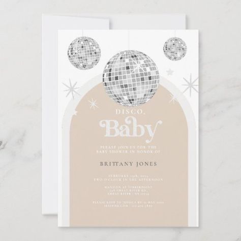 $3.08 | Silver Retro Disco BABY, Baby Shower Invitation - invitation, calligraphy, silver and beige invitation, retro baby shower, silver glitter baby shower, disco baby shower, gender neutral baby shower invitation, 70s inspired baby shower invitation, disco baby, hippie baby shower Disco Themed Baby Shower Ideas, Disco Baby Shower Theme, Disco Baby Shower Ideas, Abi Ball, Disco Glamour, Hippie Baby Shower, Retro Disco Ball, Retro Baby Showers, Glitter Baby Shower