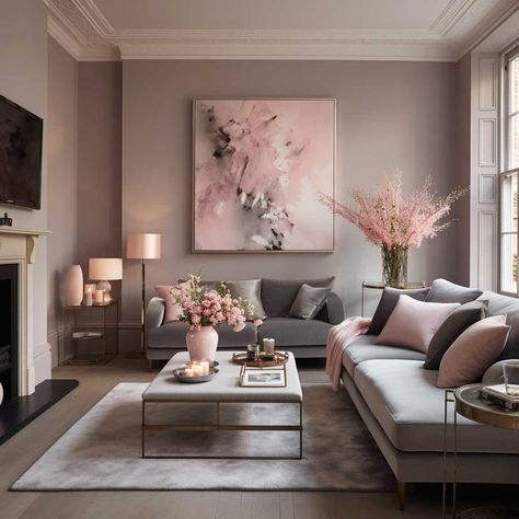 Pink And Grey Lounge Ideas, Grey Pink Black Living Room, Grey With Pink Living Room, Pink And Gray Interior Design, Grey Aesthetic Living Room Ideas, Living Room Blush Pink And Grey, Grey Blush Living Room, Pink And Gray Home Decor, Blush Pink Lounge Living Rooms