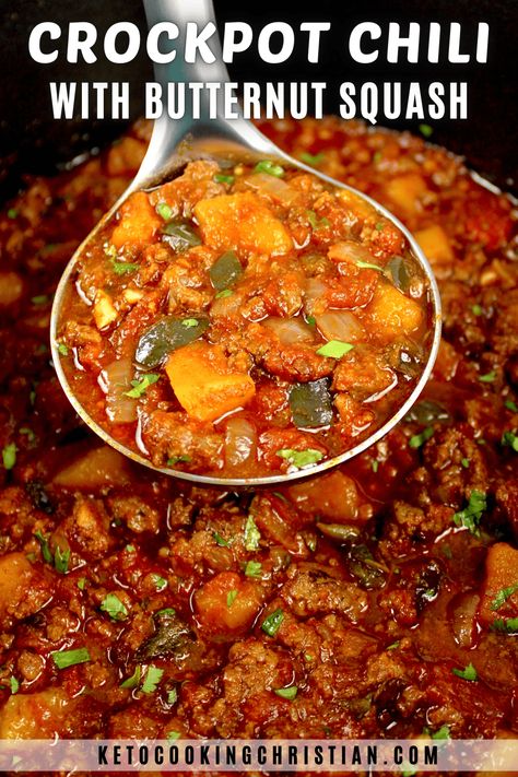 Crockpot Chili with Butternut Squash This delicious Butternut Squash Chili is a comforting, cozy chili recipe that nourishes you with the most incredible flavor and healthy ingredients. #ketochili #slowcookerchili #lowcarbchili Butternut Squash Chili With Beef, Slow Cooker Butternut Squash Chili, Butternut Chili Recipe, Chili With Butternut Squash Crockpot, Acorn Squash Chili, Butternut Squash Chili Crockpot, Butternut Squash Crockpot, Chili With Butternut Squash, Squash Chili Recipe