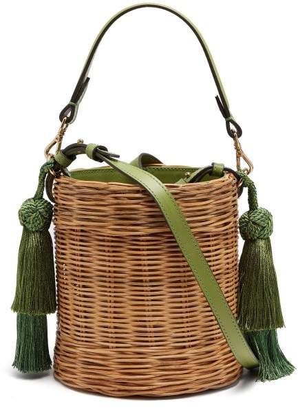 Wai Wai - Sabia Wicker Bucket Bag - Womens - Green Multi #crafted#mint#bucket Jane Birkin Basket, Woven Bags, Wicker Bags, Rattan Bag, Straw Bags, Drawstring Pouch, Basket Bag, Bag Crochet, Bead Crochet