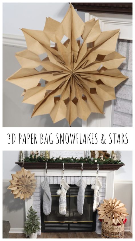 Paper Bag Stars Christmas, Paperbag Snowflakes Diy, Paper Bag Stars, Paper Bag Snowflakes, Bag Snowflakes, Printable Snowflake Template, 3d Paper Star, 3d Snowflakes, Snowflake Template