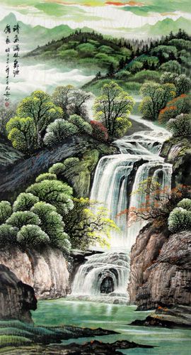 Chinese Waterfall Painting 1137002, 97cm x 180cm(38〃 x 70〃) Chinese Waterfall, Waterfall Painting, Korean Painting, Waterfall Paintings, Chinese Landscape Painting, Art Chinois, Postal Vintage, Paintings Acrylic, Japanese Artwork