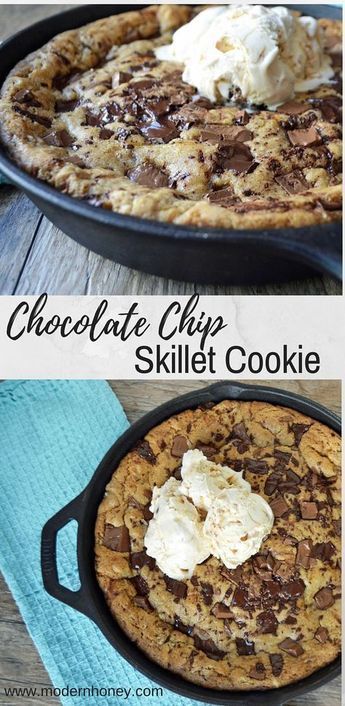 Cookie Pizza Recipe, Pizookie Recipe, Cast Iron Skillet Recipes Dinner, Chocolate Chip Skillet Cookie, Skillet Cookie Recipe, Pizza Cookie, Skillet Desserts, Cast Iron Skillet Cooking, Gooey Chocolate Chip Cookies