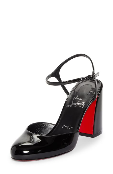 A rounded toe balances the bold, architectural heel of this patent-leather quarter-strap pump grounded by that iconic Louboutin-red sole. 3 1/4" (85mm) heel Adjustable strap with buckle closure Wipe with a soft, dry cloth and store in a dust bag Please note the red lacquer on soles will wear off as a result of normal use. To minimize the effect, avoid wearing in wet weather or on abrasive surfaces Leather upper, lining and sole Made in Italy Designer Shoes Formal High Heels Classy, Iconic Heels, Unrealistic Wishlist, Shopping Addict, High Heels Classy, Red Louboutin, Louboutin Heels, Christian Louboutin Heels, Red Lacquer