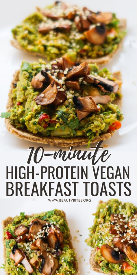 Savory Vegan Breakfast, Protein Vegan Breakfast, Breakfast Toasts, High Protein Vegan Breakfast, Mushrooms And Spinach, Vegan Breakfast Easy, Prep Breakfast, High Protein Vegan Recipes, Healthy Vegan Breakfast