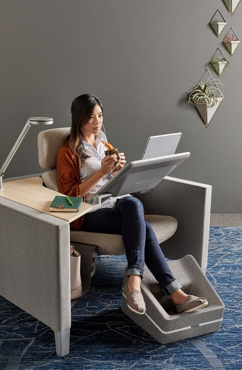 People need more than chairs alone to get their work done. They need supportive surfaces for their devices and power for those devices. Meet the Brody WorkLounge. Smart Office Furniture Technology, Work Chair Design, Office Chair Comfortable, Multifunctional Office Furniture, Work From Home Chair, Creative Furniture Design, Desk Couch, Comfortable Office Chairs, Creative Office Furniture