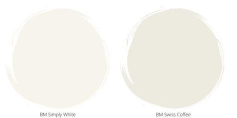 Benjamin Moore Simply White vs Swiss Coffee Natural Cream Vs Swiss Coffee, Simply White Vs Swiss Coffee, Benjamin Moore Simply White, Swiss Coffee Benjamin Moore, White Dove Benjamin Moore, Dark Paint Colors, Dove White, Swiss Coffee, Benjamin Moore White