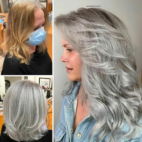 Left Top Photo Is The Original Hair Before Transformation, Left Bottom Photo Is When I Did The Transformation, Right Photo Is When The Client Came Back On Another Day To Add @halocoutureextensions That I Colored To Match Her Silver Hair. The Conclusion Of This Post Is That If You Have Short Or Thinner Natural Silver Hair You Can Always Have Your Stylist Color A Halo Extensions To Match Your Hair So You Can Enjoy Longer And Thicker Hair. Why I Recommend @halocoutureextensions vs. Other ... Natural Silver Hair, Dark Silver Hair, Brighten Gray Hair, Deep Conditioning Mask, Grey Hair Journey, Jack Martin, Halo Extensions, Grey Hair Transformation, Gorgeous Gray Hair