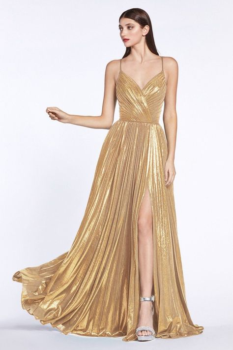 831c2f88a604a07ca94314b56a4921b8desc42994394ri Evening Gowns Gold, Crinkle Skirt, Pleated Dresses, Cinderella Divine, Pleated Bodice, Dresses Ideas, Pleated Fabric, Metallic Dress, Dress Silhouette