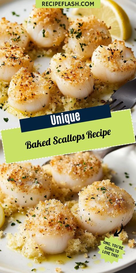 Looking for a delicious and elegant seafood dinner idea? This Baked Scallops Recipe is a simple yet impressive dish that will wow your guests! Perfect for any occasion, you’ll want to save this recipe for your next seafood feast! Bake Scallops In Oven, Crab And Scallop Recipes, Baked Bay Scallop Recipes, Baked Sea Scallops, Baked Scallops Bread Crumbs, Bay Scallops And Pasta, Frozen Scallop Recipes, How To Cook Scallops In Pan, Seafood Dishes For A Crowd