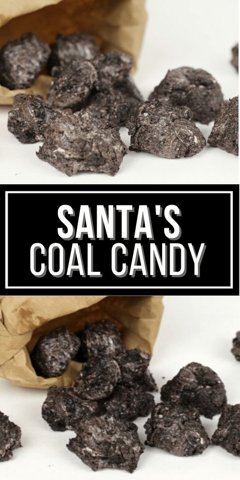 This easy Santa's coal candy is a fun and easy treat that you can make with only three ingredients. Not only does it look authentic, but it tastes great too!  And, because you really don’t need to be precise in how you form the lumps of coal, it’s a great recipe to have the kids help with. Coal Treats Christmas, Lump Of Coal Oreo Treats, Santa Treats Ideas, Edible Coal Recipes, Christmas Coal Oreo, Coal Rice Krispie Treats, Edible Coal For Christmas, Lumps Of Coal Recipe Oreo, Christmas Coal Recipe