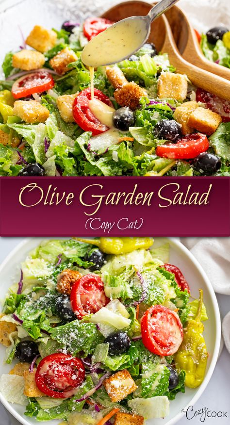 copy cat Olive Garden Salad with tomatoes, lettuce, black olives, croutons and pepperoncini's. Best Party Salad Recipes, Best House Salad Recipes, That Good Salad Recipe, Natashas Kitchen Recipes Salads, Easy Garden Salad, Italian Sides Vegetable, Italian Dinner Salad, Italian Green Salad Recipes, Italian Side Salad Recipes