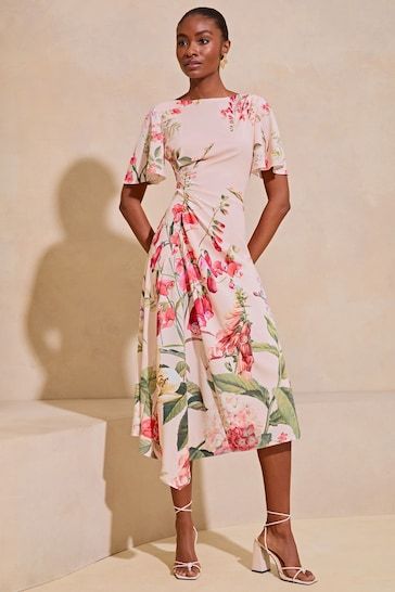 Flowery Dress Casual, Flowery Dresses, Elegant Dresses For Women, Floral Outfit, 50s Dresses, Asymmetrical Skirt, Sleeve Midi Dress, Midi Dress With Sleeves, Asymmetric Hem