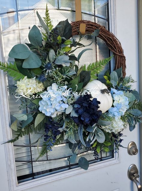 Elegant Fall White Pumpkin Wreath Harvest Wreath Thanksgiving White Pumpkin Decor Navy White Blue Peony Hydrangea Autumn Decor Harvest Fall Peony Wreath Fall Floral Wreath Grapevine Wreath Autumn Door Decor Thanksgiving Door Wreath Autumn Wreath -Switch from Summer to Fall with this beautiful and elegant blue,and white  Fall favorite. This is a "Great find!" Its rich, cool and relaxing tones will sure bring your home decor to life with its elegance, beauty and romantic appeal. It features an 18" Blue And White Fall Decor, Dark Blue Hydrangea, White Pumpkin Decor, Blue Fall Decor, Blue Harvest, Blue Peony, Fall Decor Diy Crafts, Fall White, Blue Peonies