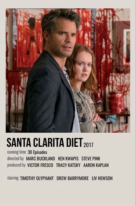 Santa Clarita Diet Poster, Timothy Olyphant Santa Clarita Diet, Nancy Juvonen, Poster Room Ideas, Movie Minimalist Poster, Movie Minimalist, Movie Polaroids, Santa Clarita Diet, Johnny Knoxville