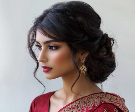 6+ Modern Saree Hairstyles for Medium Hair to Try This Season • 333+ Inspiring Lifestyle Ideas Saree Hairstyles Bun Messy, Messy Hairstyles For Saree, Desi Bun Hairstyles, Messy Bun With Saree, Haïr Style For Indian Wedding, Sari Hair Styles Indian Fashion, Messy Choti Hairstyles, Bun Hairstyle With Saree, Hairstyles For Traditional Saree