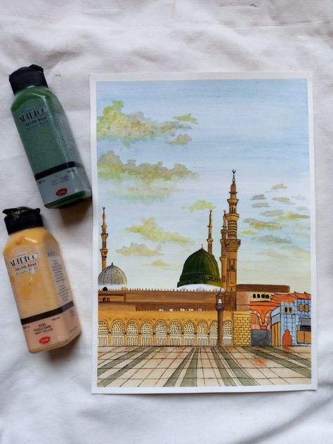 Madina Sharif Painting, M Letter Design, Madina Shareef, Madina Sharif, Epic Drawings, Mosque Art, Islamic Art Canvas, Calligraphy Artwork, Inspiration Painting