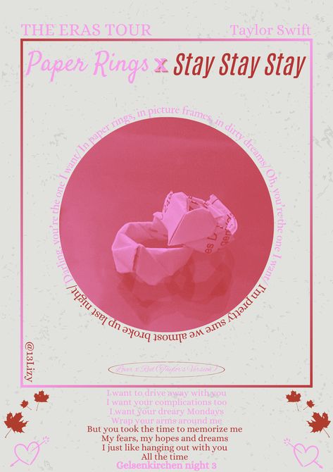 Paper rings X stay stay stay - Taylor swift- the eras tour - Paper Rings Poster, Paper Rings Taylor Swift, Room Finds, Almost Lover, Paper Rings, Swift Lyrics, Taylor Swift Posters, Paper Ring, Lyric Poster