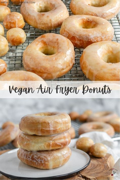 Satisfy your sweet tooth with these vegan air fryer yeast donuts. They're incredibly easy to make and only take 5 minutes in the air fryer! These donuts are perfect for a sweet snack or dessert. If you love plant based desserts and air fried treats, you'll love these vegan air fryer donuts. Serve with glaze, chocolate glaze, powdered sugar and more. Easy Vegan Donut Recipe, Vegan Donuts Air Fryer, Air Fryer Mini Donut Recipes, Vegan Air Fryer Donut Recipes, Healthy Vegan Snacks Easy, Egg Free Donut Recipe, Gluten Free Air Fryer Donut Recipes, Vegan Air Fryer Desserts, Air Fryer Doughnut Recipes