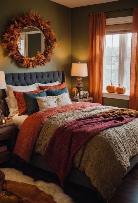 Keep it simple with minimalist decor that highlights fall colors and textures without overwhelming the space. Fall Bedroom Decor Cozy, Old World Kitchens, Cozy Ideas, Cozy Fall Bedroom, Fall Bedroom Decor, Boho Style Bedroom, Dressing Table Design, Fall Bedroom, Wooden Nightstand