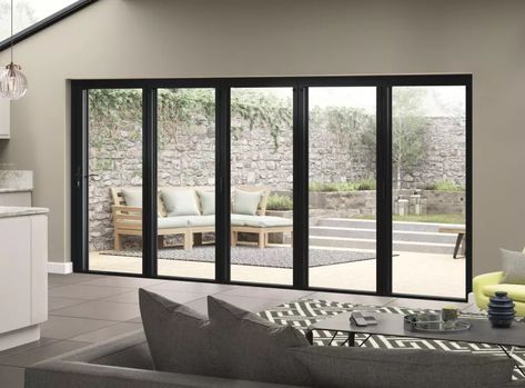 Corner Bifold Doors, Bifold Doors Onto Patio, Bi Folding Doors Kitchen, Anthracite Grey Windows, Aluminium Bifold Doors, External Bifold Doors, Folding Doors Exterior, Conservatory Decor, House Window Design