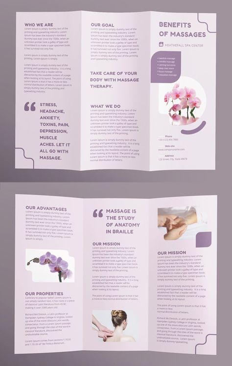 Massage Brochure Design, Broushers Design, Pamphlet Design Layout, Pamplet Layout Design, Trifold Brochure Design Creative, Leaflet Design Layout, Massage Brochure, Leaflet Design Ideas, Leaflet Design Template