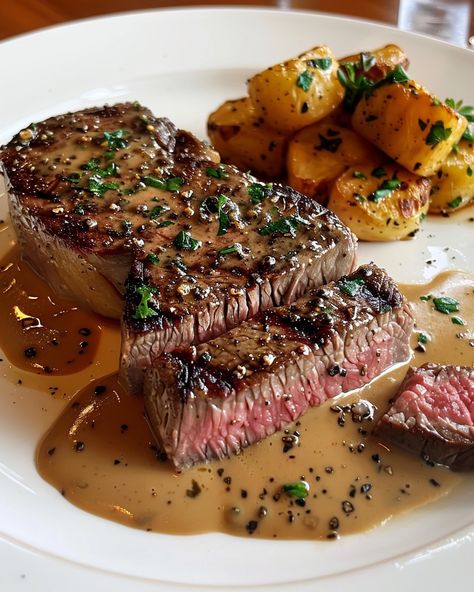 CLASSIC STEAK DIANE 🥩 Ingredients: 4 beef tenderloin steaks (about 6 oz each) 2 tbsp unsalted butter 2 tbsp olive oil 1 small shallot, finely chopped 2 cloves garlic, minced 1/2 cup beef broth 1/4 cup brandy or cognac 1/4 cup heavy cream 2 tsp Dijon mustard 2 tsp Worcestershire sauce 1 tbsp fresh parsley, chopped Salt and black pepper to taste Directions: Step 1: Prepare the Steaks Season the beef tenderloin steaks generously with salt and black pepper on both sides... Best Steak Seasoning, Panda Food, Steak Diane, Food Steak, Tenderloin Steak, Black Food, Beef Tenderloin, Beef Steak, Beef Broth