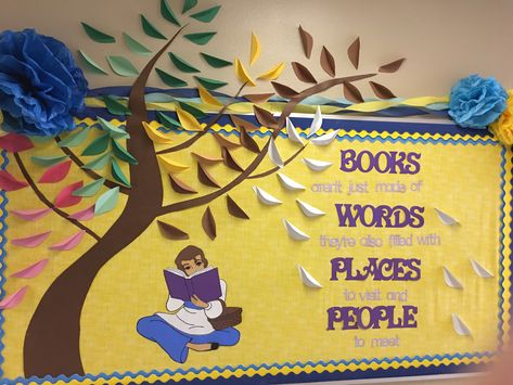 Disney Themed Library, Disney Library Bulletin Boards, Reading Rainbow Bulletin Board, Beauty And The Beast Bulletin Board, Beauty And The Beast Classroom, Disney Themed Bulletin Boards, Disney Bulletin Boards, School Library Book Displays, Belle Library